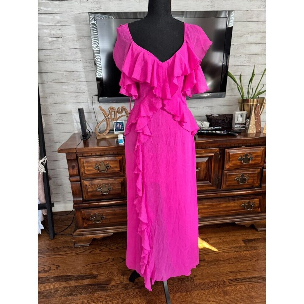 NWT Zara Magenta Pink Ruffled Midi Slip Dress Women Size Small - Picture 2 of 10